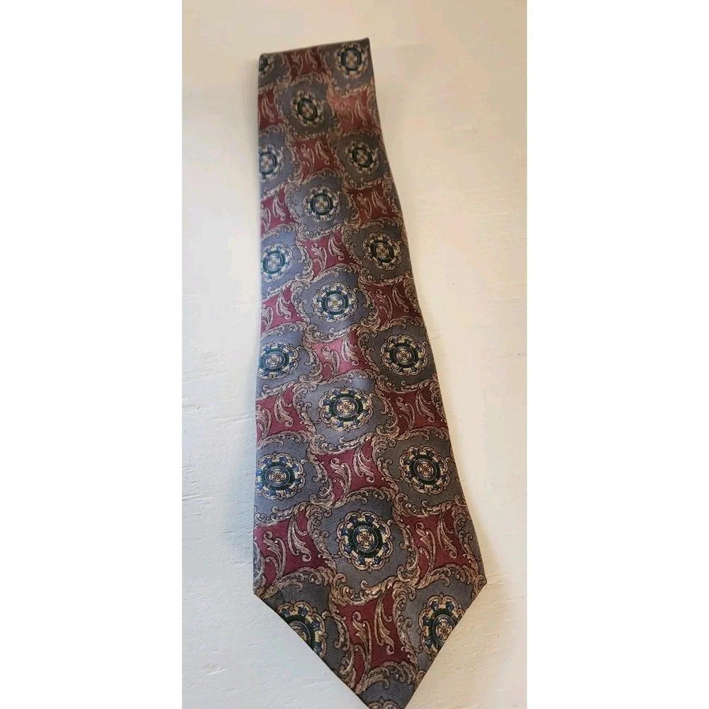 Men's Bill Blass Tie 100% Silk Abstract Multi Color Print ,Burgandy, Stone